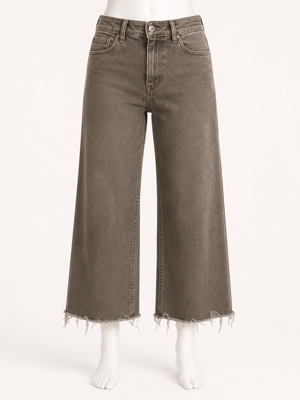 High-Rise Wide-Leg Jeans with Frayed Hem in Taupe